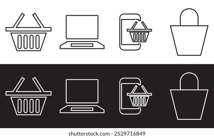 Shopping icon set. Online shopping, store, delivery, promotion and shopping cart symbol. Solid icons isolated on white and black background. Vector illustration EPS 10
