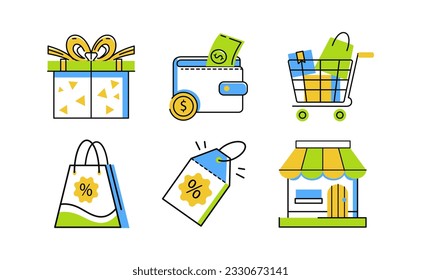 Shopping icon set. package, wallet, gift, shopping bag, discount label, shop and trolley. Suitable for website and social