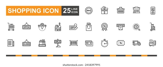 Shopping icon set. Payment, store, delivery, discount, basket, shopping cart and more line icon