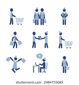 Shopping icon set. People shopping, blue icons. Online and offline shop delivery concept pictograms.