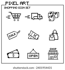 Shopping icon set pixel art 8bit style