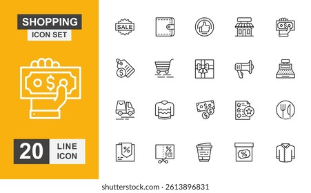 Shopping icon set. Price, payment, gift, discount, promotion, money and more line icon.