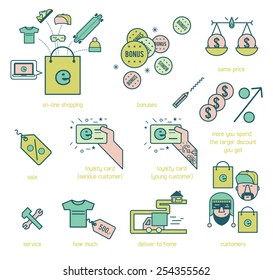 shopping icon set. shop with clothes. line design