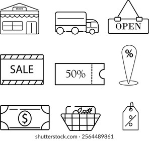 Shopping icon set. Store, delivery, promotion and shopping cart symbol. Online Shopping. Linear icon collection. Vector illustration