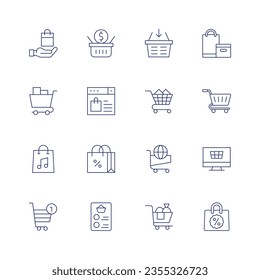 Juego de iconos de compras. Icono de línea delgada. Trazo editable. Con bolso de compra, cesta de compras, carrito, compras en línea, lista.