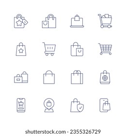 Shopping-Icon-Set. Dünne Linie Symbol. Bearbeitbarer Strich. Inklusive Tasche, Shopping, Online-Zahlung, Trolleykarren, Einkaufstaschen, Warenkorb, Online-Shop, Location Pin.