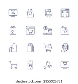 Juego de iconos de compras. Icono de línea delgada. Trazo editable. Conteniendo compras, bolsas de compras, carrito, mercado, compra, banca online, regalos, pedido online, ecommerce, tienda online.