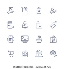 Juego de iconos de compras. Icono de línea delgada. Trazo editable. Conteniendo compras, carrito de compras, bolsa de compras, compra, gratis, fidelidad, online, canasta, tienda de mascotas, centro comercial.