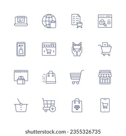Shopping icon set. Thin line icon. Editable stroke. Containing online shop, globe, shopping list, online shopping, shopping, consumption, cart, bag, online store, add to cart.