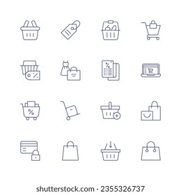 Shopping icon set. Thin line icon. Editable stroke. Containing basket, price tag, shopping cart, shopping bag, receipt, online shop, trolley, credit card.