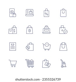 Shopping icon set. Thin line icon. Editable stroke. Containing online, shopping bag, shopping bags, list, cart, trolley, discount, trolley cart.