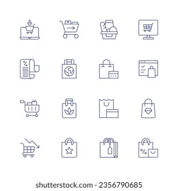 Shopping icon set. Thin line icon. Editable stroke. Containing online shopping, shopping cart, shopping basket, list, bag.