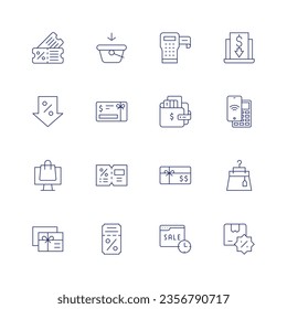 Shopping icon set. Thin line icon. Editable stroke. Containing coupon, add, labeling, low price, decrease, money, wallet, payment, online shop, voucher, gift card, skirt, gift voucher, ticket.