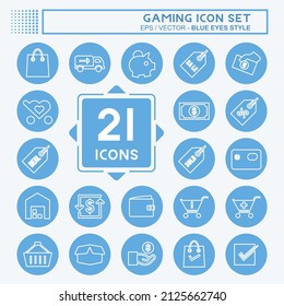 Shopping Icon Set in trendy blue eyes style isolated on soft blue background