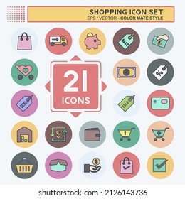 Shopping Icon Set in trendy color mate style isolated on soft blue background