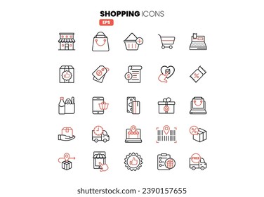  Juego de iconos de compras para plataformas de comercio electrónico de moda, compras en línea, tienda, entrega, promoción y símbolo del carro de la compra vector EPS 10