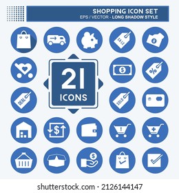 Icono de compras Conjunto en estilo moderno de sombra larga aislado en suave fondo azul