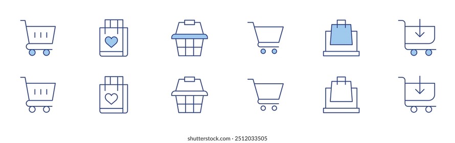 Shopping icon set in two styles, Duotone and Thin Line style. Editable stroke. trolley cart, shopping cart, online, basket.