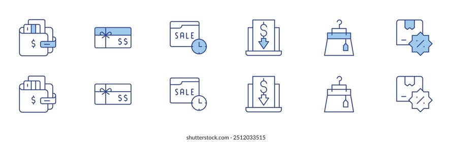 Shopping icon set in two styles, Duotone and Thin Line style. Editable stroke. wallet, gift card, online discount, low price, skirt, box.