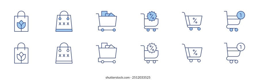 Conjunto de iconos de compras en dos estilos, estilo Duotone y línea fina. Trazo editable. Carrito de compras, compras, bolso de compras.