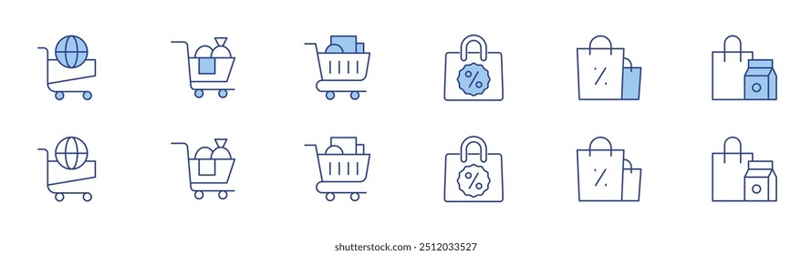 Shopping icon set in two styles, Duotone and Thin Line style. Editable stroke. shopping cart, shopping bag.