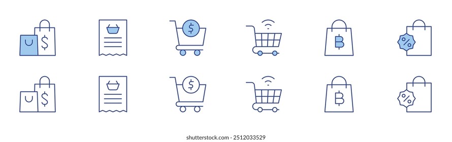 Shopping icon set in two styles, Duotone and Thin Line style. Editable stroke. cart, bags, shopping bag, shopping list.