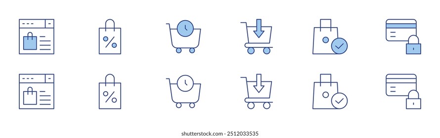 Shopping icon set in two styles, Duotone and Thin Line style. Editable stroke. shopping cart, shopping bag, credit card, online shopping.