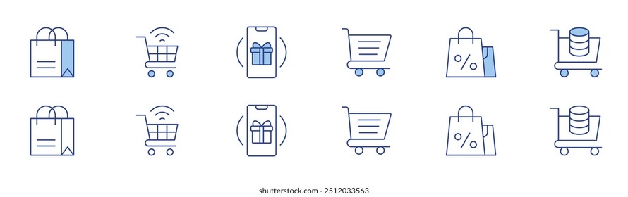 Ícone de compras definido em dois estilos, estilo Duotônico e Linha fina. AVC editável. sacola de compras, carrinho de compras, compras on-line, lealdade.