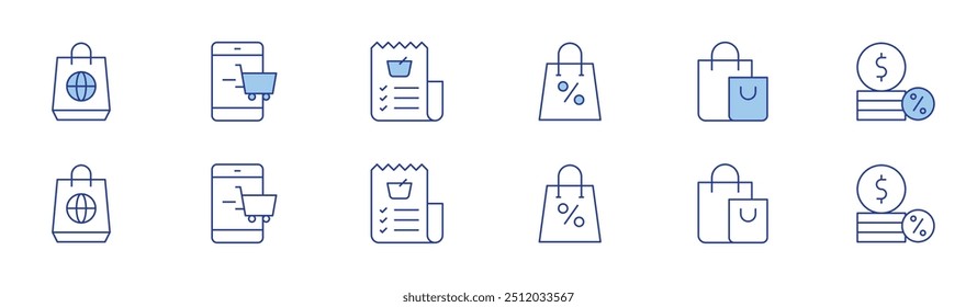 Shopping icon set in two styles, Duotone and Thin Line style. Editable stroke. shopping bag, bags, online, list, coins.
