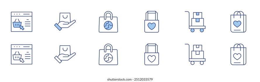 Shopping icon set in two styles, Duotone and Thin Line style. Editable stroke. online shopping, tote bag, shopping bag, trolley.