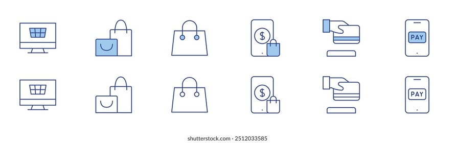 Shopping icon set in two styles, Duotone and Thin Line style. Editable stroke. online, shopping online, bag, credit card, pay.