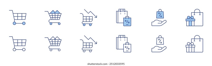 Einkaufssymbol in zwei Stilen, Duotone und Thin Line Stil. Bearbeitbarer Strich. E-Commerce, Warenkorb, Einkaufstasche, Einkaufen.