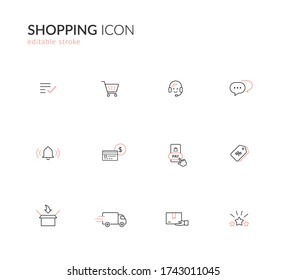 Juego de iconos de compras: uso para compras en línea, comercio electrónico, centro comercial móvil o sitio web. ilustración vectorial de trazo editable