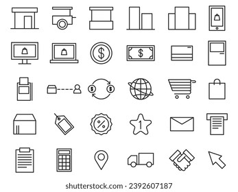 shopping icon set.  vector line art graphics.  market, business, online shop, etc