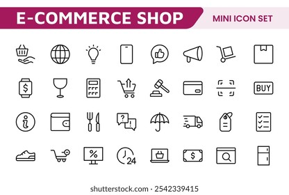 Conjunto de Ícones de Compras. Ícones vibrantes e atraentes para aprimorar as plataformas de comércio eletrônico, perfeitos para listagens de produtos, gerenciamento de carrinho e processos de finalização de compra para elevar a experiência de compras on-line.