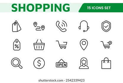 Shopping Icon Set. Vibrant and engaging icons for enhancing e-commerce platforms, perfect for product listings, cart management, and checkout processes to elevate the online shopping experience.