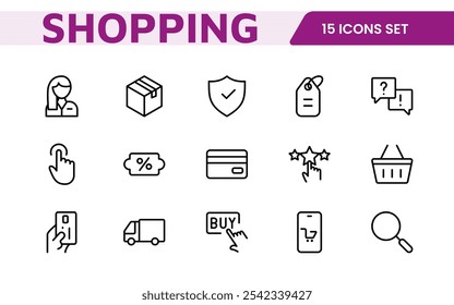 Shopping Icon Set. Vibrant and engaging icons for enhancing e-commerce platforms, perfect for product listings, cart management, and checkout processes to elevate the online shopping experience.