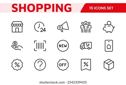 Shopping Icon Set. Vibrant and engaging icons for enhancing e-commerce platforms, perfect for product listings, cart management, and checkout processes to elevate the online shopping experience.