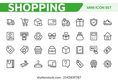 Shopping Icon Set. Vibrant and engaging icons for enhancing e-commerce platforms, perfect for product listings, cart management, and checkout processes to elevate the online shopping experience.