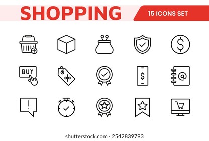 Shopping Icon Set. Vibrant and engaging icons for enhancing e-commerce platforms, perfect for product listings, cart management, and checkout processes to elevate the online shopping experience.