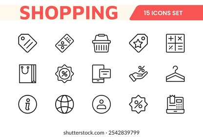 Shopping Icon Set. Vibrant and engaging icons for enhancing e-commerce platforms, perfect for product listings, cart management, and checkout processes to elevate the online shopping experience.