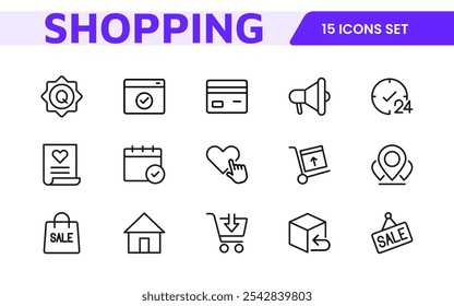 Conjunto de Ícones de Compras. Ícones vibrantes e atraentes para aprimorar as plataformas de comércio eletrônico, perfeitos para listagens de produtos, gerenciamento de carrinho e processos de finalização de compra para elevar a experiência de compras on-line.