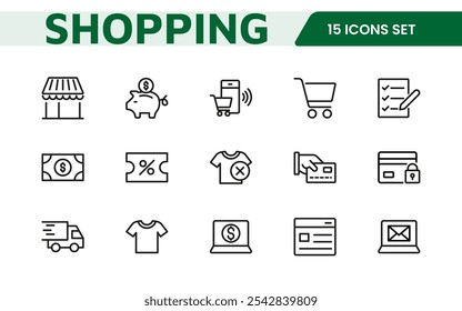 Einkaufssymbol-Set. Lebendige und einnehmende Symbole für die Verbesserung von E-Commerce-Plattformen, ideal für Produkteinträge, Warenkorb-Management und Kasse Prozesse, um das Online-Shopping-Erlebnis zu erhöhen.