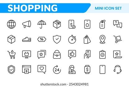 Shopping Icon Set. Vibrant and engaging icons for enhancing e-commerce platforms, perfect for product listings, cart management, and checkout processes to elevate the online shopping experience.