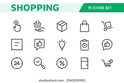 Conjunto de Ícones de Compras. Ícones vibrantes e atraentes para aprimorar as plataformas de comércio eletrônico, perfeitos para listagens de produtos, gerenciamento de carrinho e processos de finalização de compra para elevar a experiência de compras on-line.