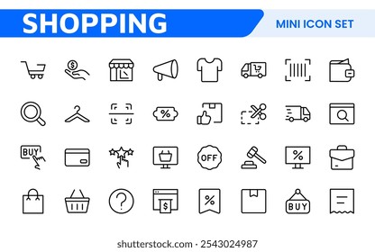 Shopping Icon Set. Vibrant and engaging icons for enhancing e-commerce platforms, perfect for product listings, cart management, and checkout processes to elevate the online shopping experience.