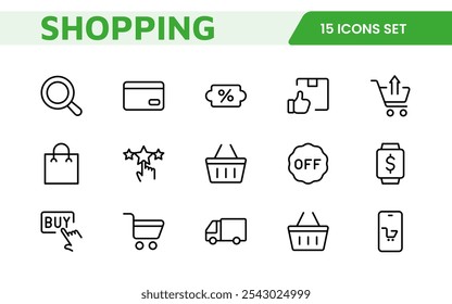 Shopping Icon Set. Vibrant and engaging icons for enhancing e-commerce platforms, perfect for product listings, cart management, and checkout processes to elevate the online shopping experience.