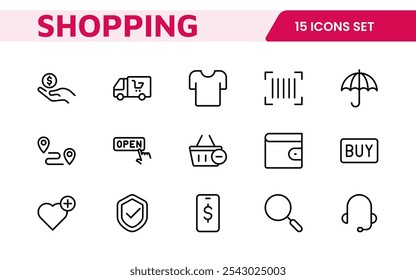 Shopping Icon Set. Vibrant and engaging icons for enhancing e-commerce platforms, perfect for product listings, cart management, and checkout processes to elevate the online shopping experience.