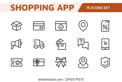 Shopping Icon Set. Vibrant and engaging icons for enhancing e-commerce platforms, perfect for product listings, cart management, and checkout processes to elevate the online shopping experience.