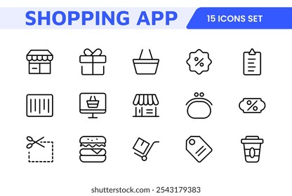 Shopping Icon Set. Vibrant and engaging icons for enhancing e-commerce platforms, perfect for product listings, cart management, and checkout processes to elevate the online shopping experience.